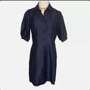 Pink Tartan silk shantung puff shoulder button front shirt dress size 6 pockets